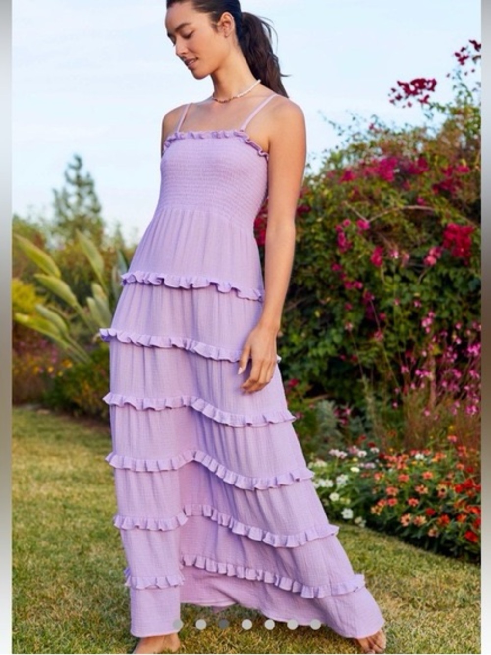 Maeve Anthropologie Lavender Smocked Ruffle Tiered Maxi Dress Size M